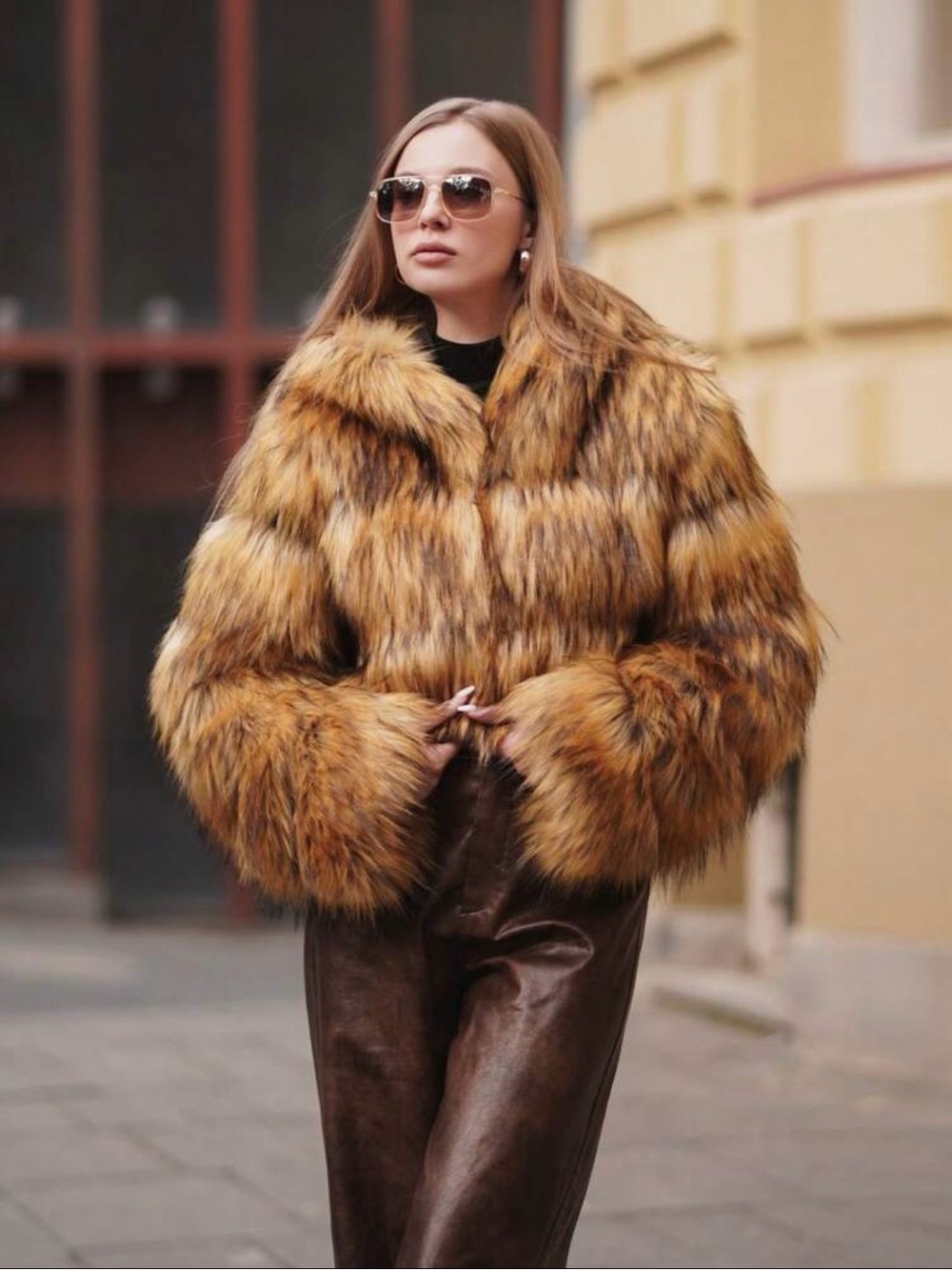Cropped Teddy Coat in Golden Brown Faux Fur NWT size L
